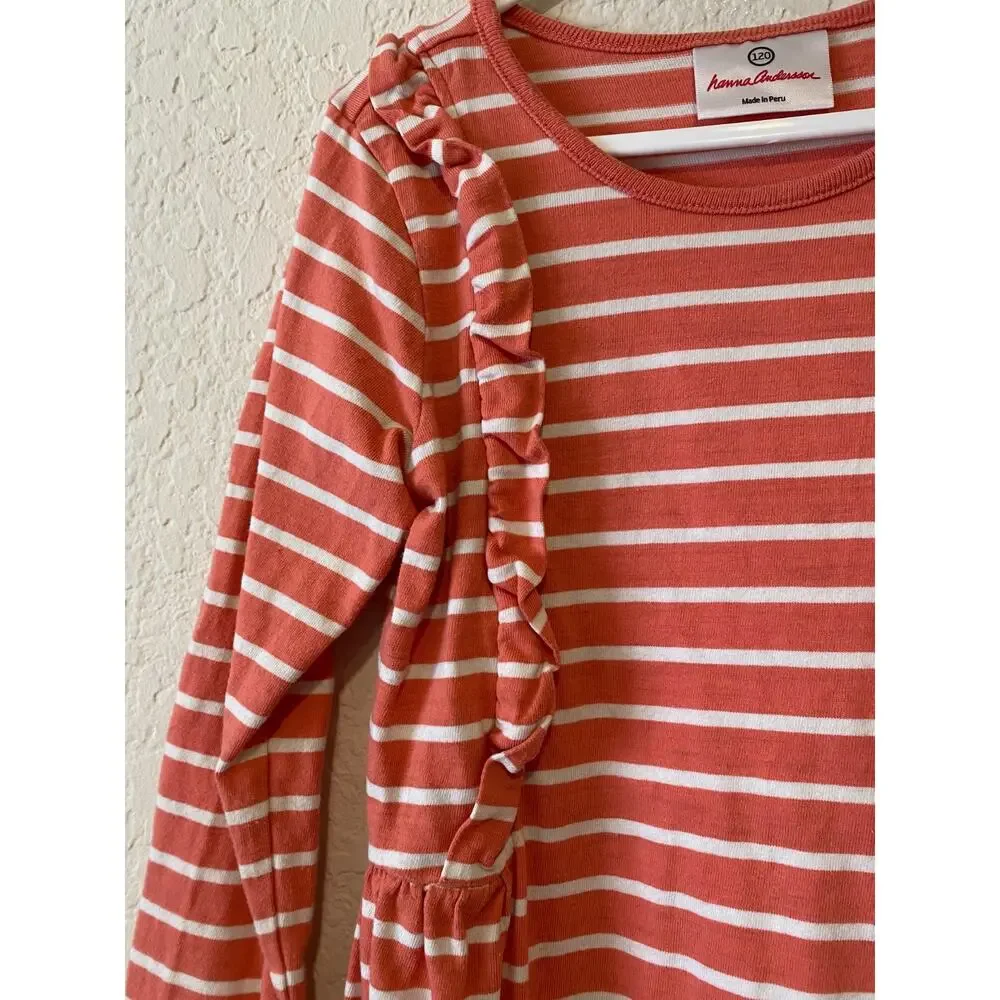 Hanna Andersson Pink White Striped‎ Dress Size 120 6-7 100% Cotton Beach Ruffles